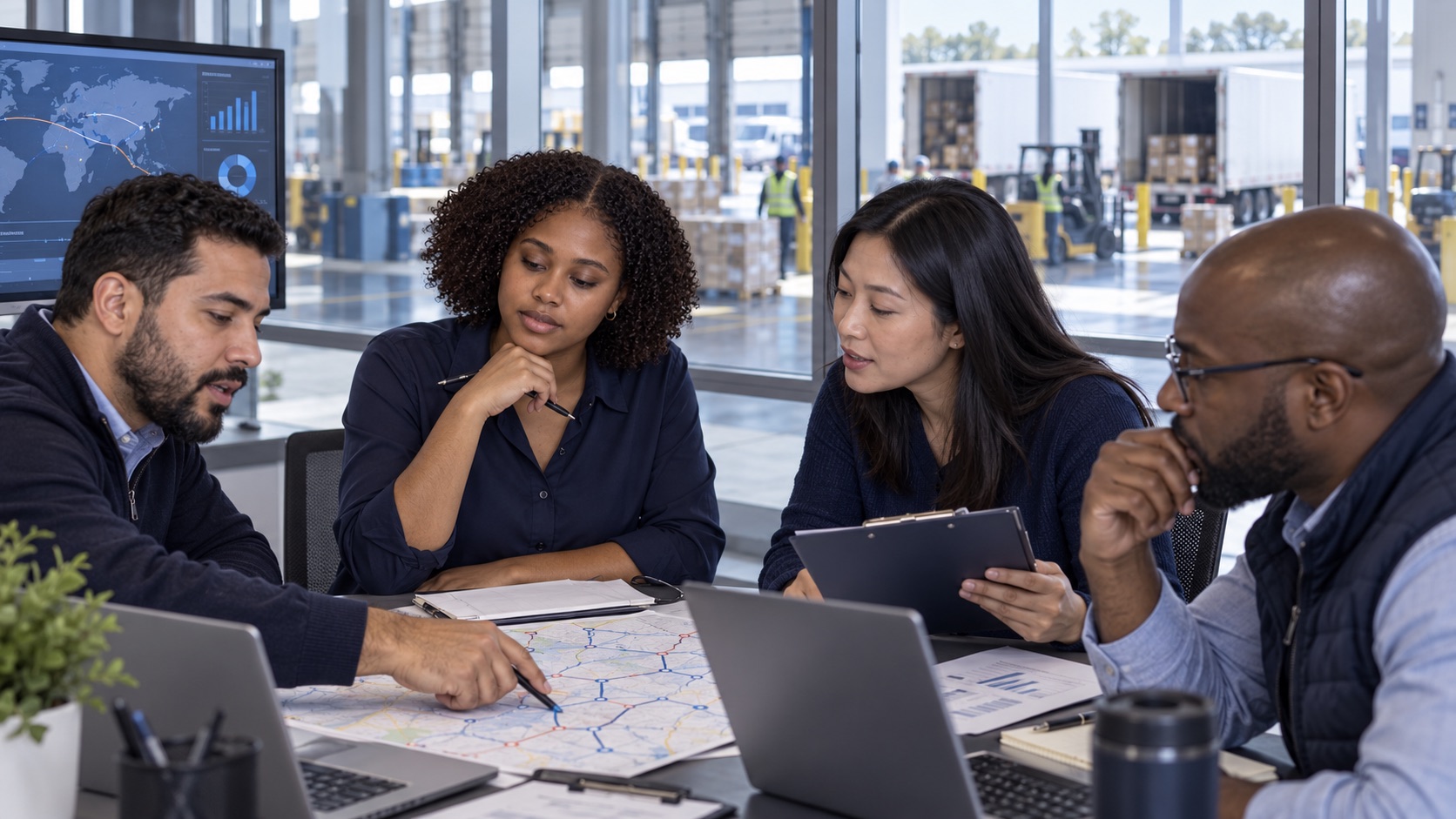 A four-person logistics operations team reviewing routes and shipment information together